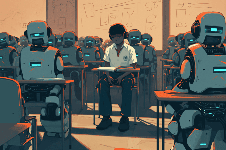 A student sitting in a classroom surrounded by cheating robots, created with Midjourney