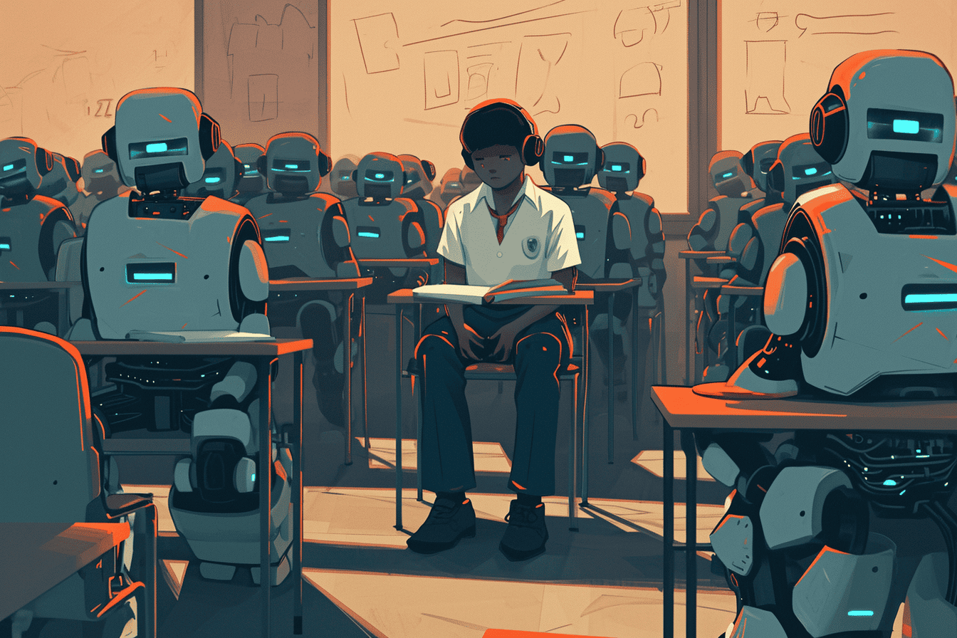 A student sitting in a classroom surrounded by cheating robots, created with Midjourney