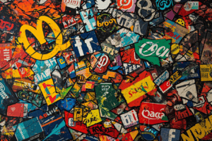An artpiece collage of a bunch of 21st century company logos fused together, created with Midjourney