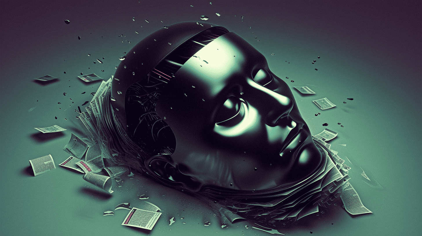 A humanized robot turning into a puddle of documents, generated with Midjourney