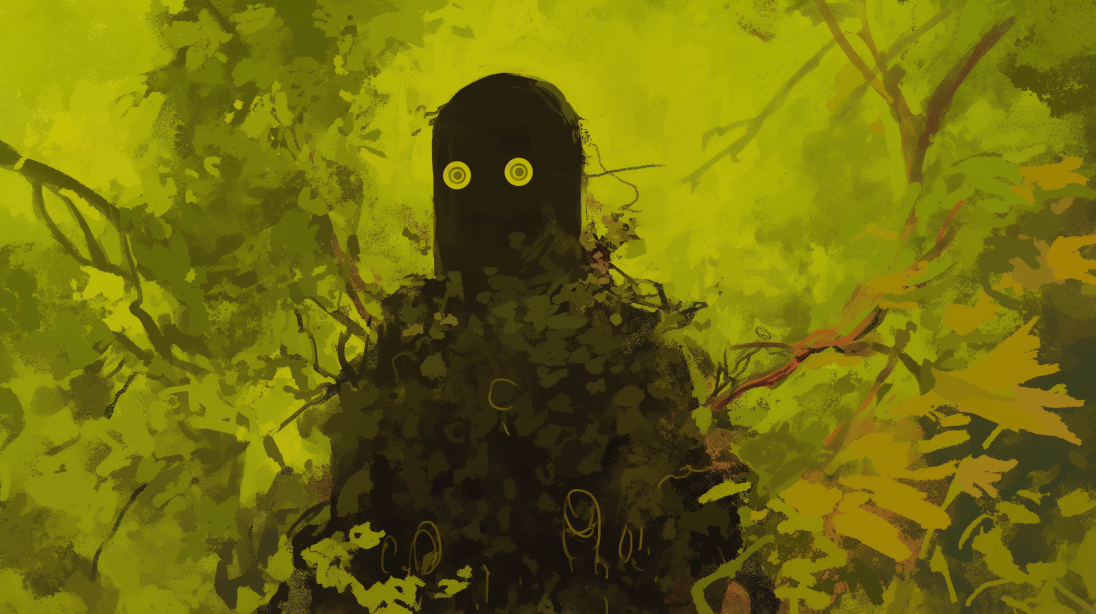 A robot using a camouflage, generated with Midjourney