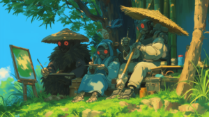 Three robot painters, generated with Midjourney