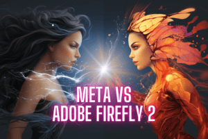 A female character with blue lightning powers (representing Meta) vs a female humanoid insect (representing Adobe Firefly), made with Midjourney