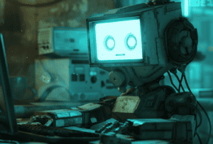 a cyan robot chatting on a computer, made with Midjourney