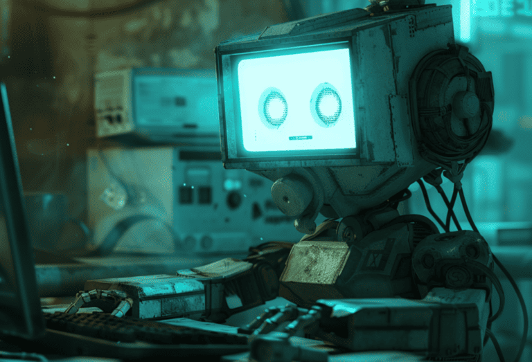 a cyan robot chatting on a computer, made with Midjourney