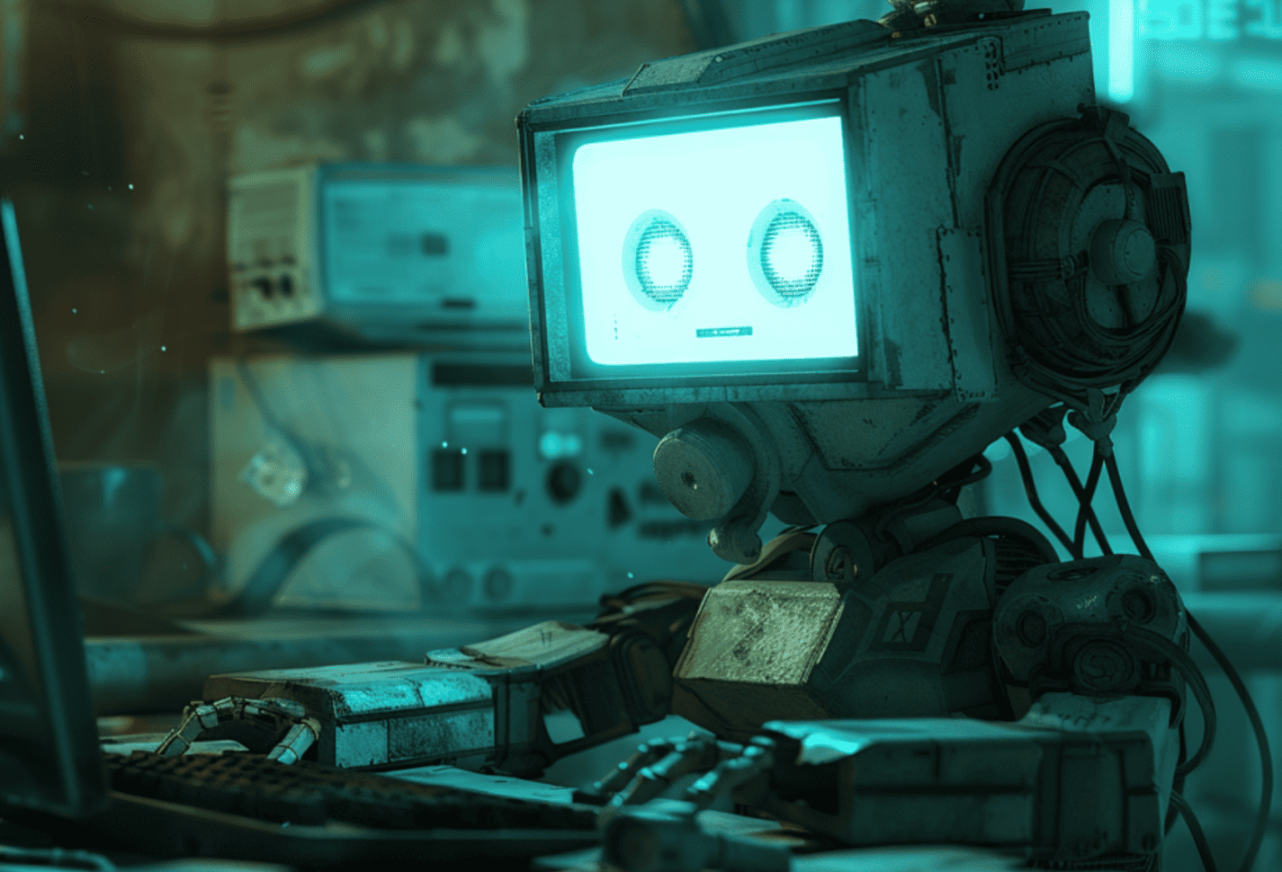 a cyan robot chatting on a computer, made with Midjourney