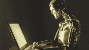 A machine editing an article, generated with Midjourney