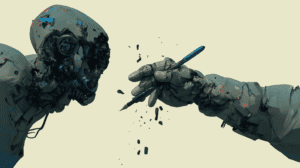 Robots fighting using pen, generated with Midjourney