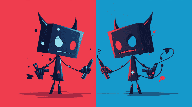 Two robots fighting using pens, generated with Midjourney