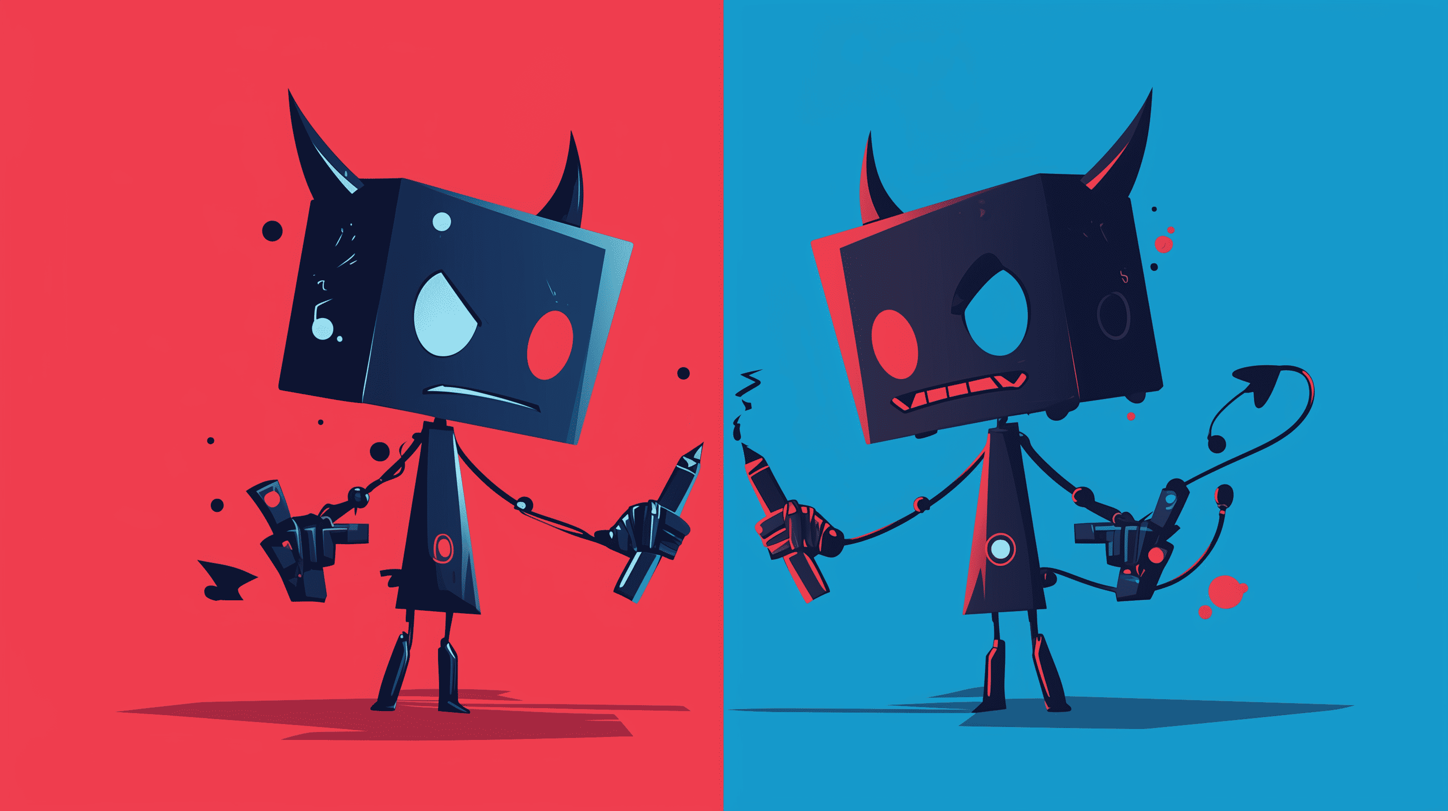 Two robots fighting using pens, generated with Midjourney