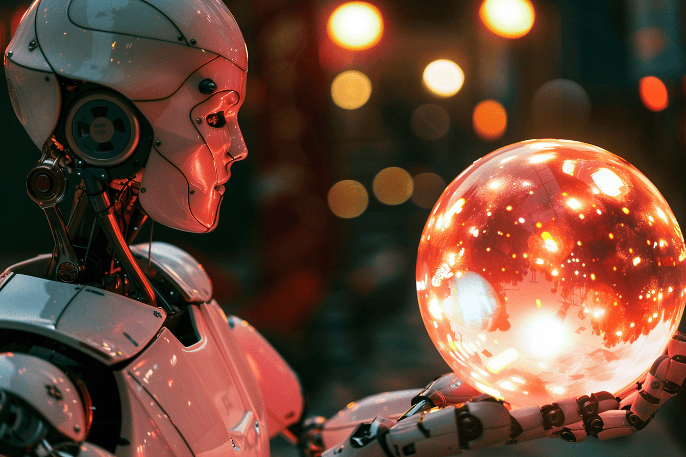 a robot looking intently at a glowing crystal ball