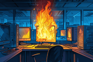 A computer on fire, generated with Midjourney