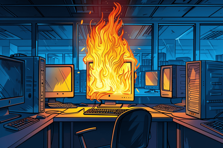 A computer on fire, generated with Midjourney