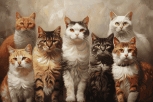 a painterly portrait of cats with different breeds and sizes, made with Midjourney