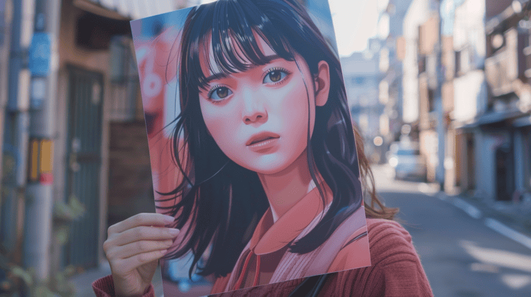 A woman holding an anime painting of herself, generated with Midjourney