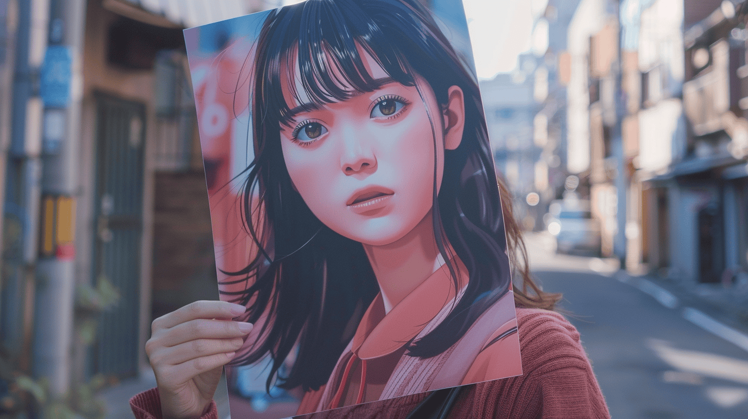 A woman holding an anime painting of herself, generated with Midjourney