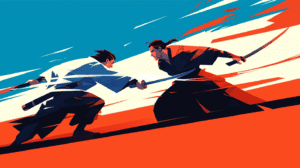 Anime counterparts fighting each other, generated with Midjourney Niji 6