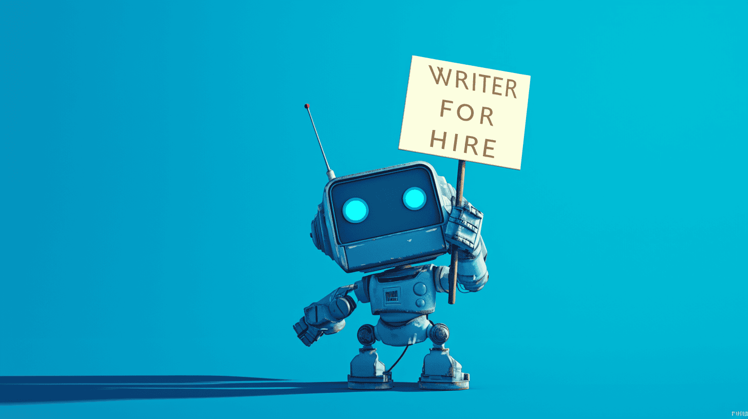 A robot holding a “Writer For Hire” sign, generated with Midjourney