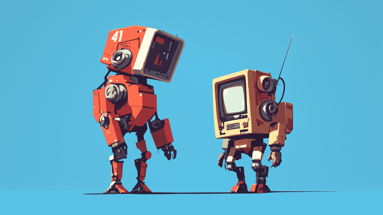 A new robot greets its older version, generated with Midjourney