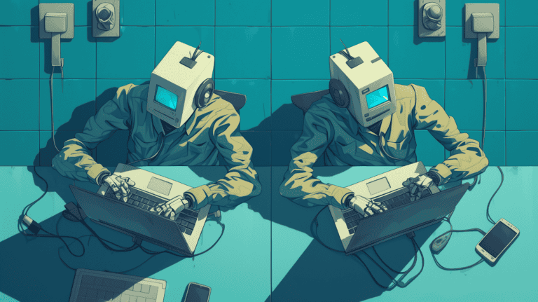 Two robots typing on a laptop, generated with Midjourney
