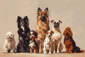 a painterly portrait of dogs with different breeds and sizes, made with Midjourney