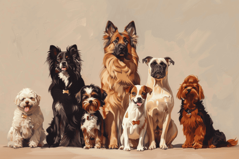 a painterly portrait of dogs with different breeds and sizes, made with Midjourney