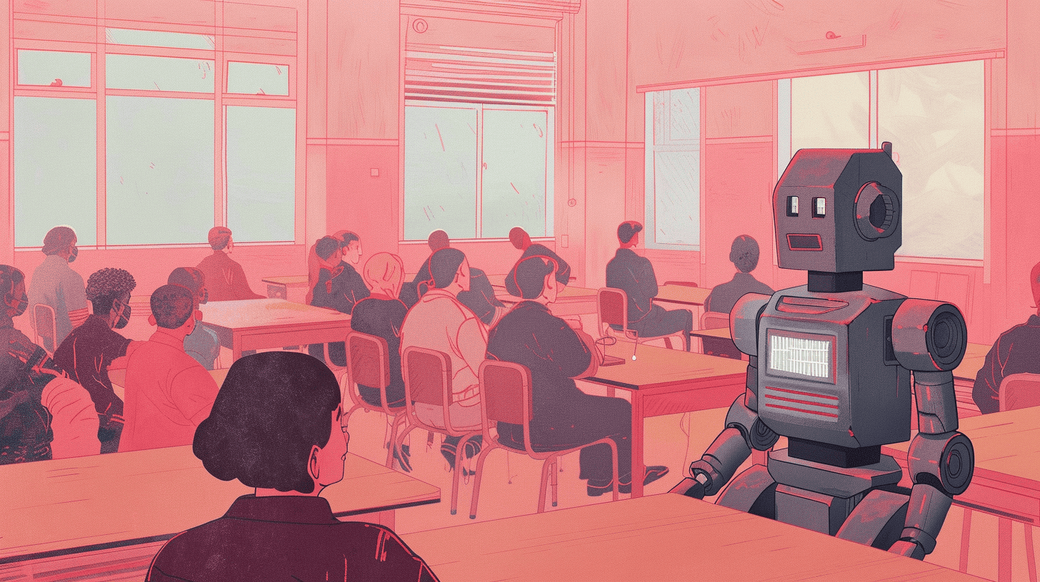 A robot masquerading as a student, generated with Midjourney