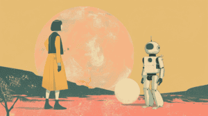 A woman talking to an AI, generated with Midjourney