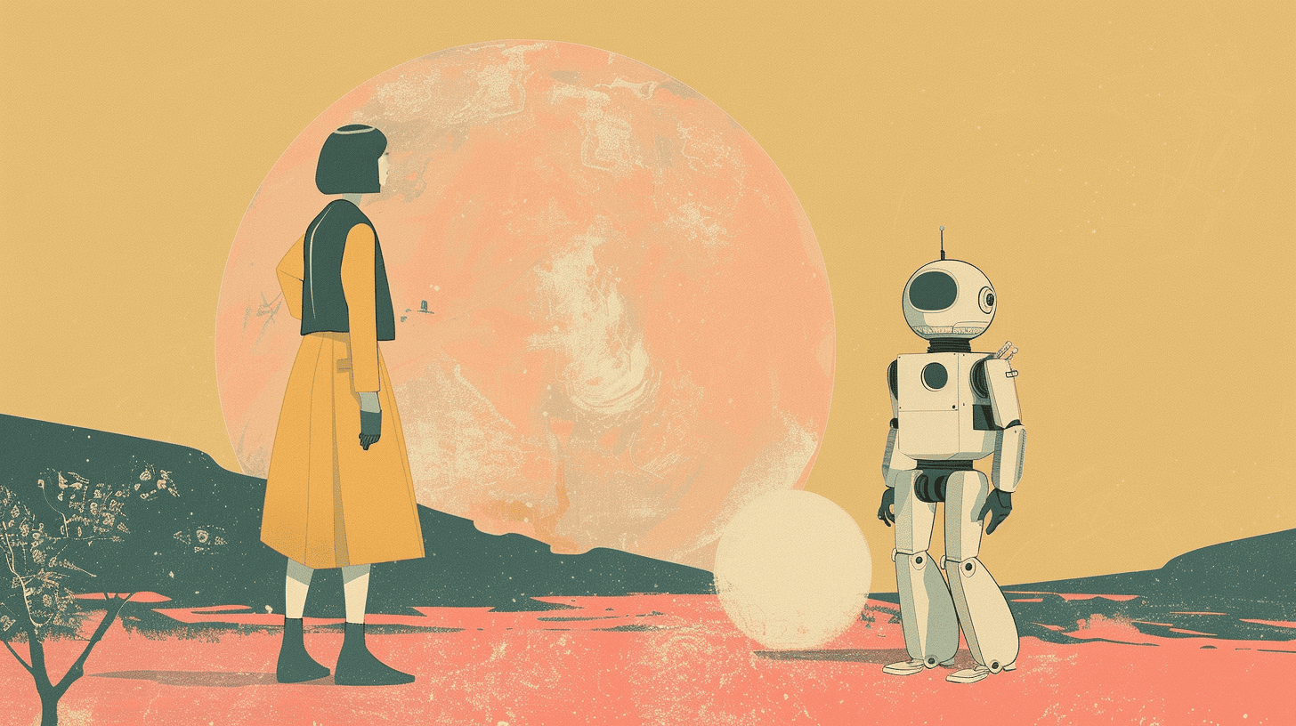 A woman talking to an AI, generated with Midjourney