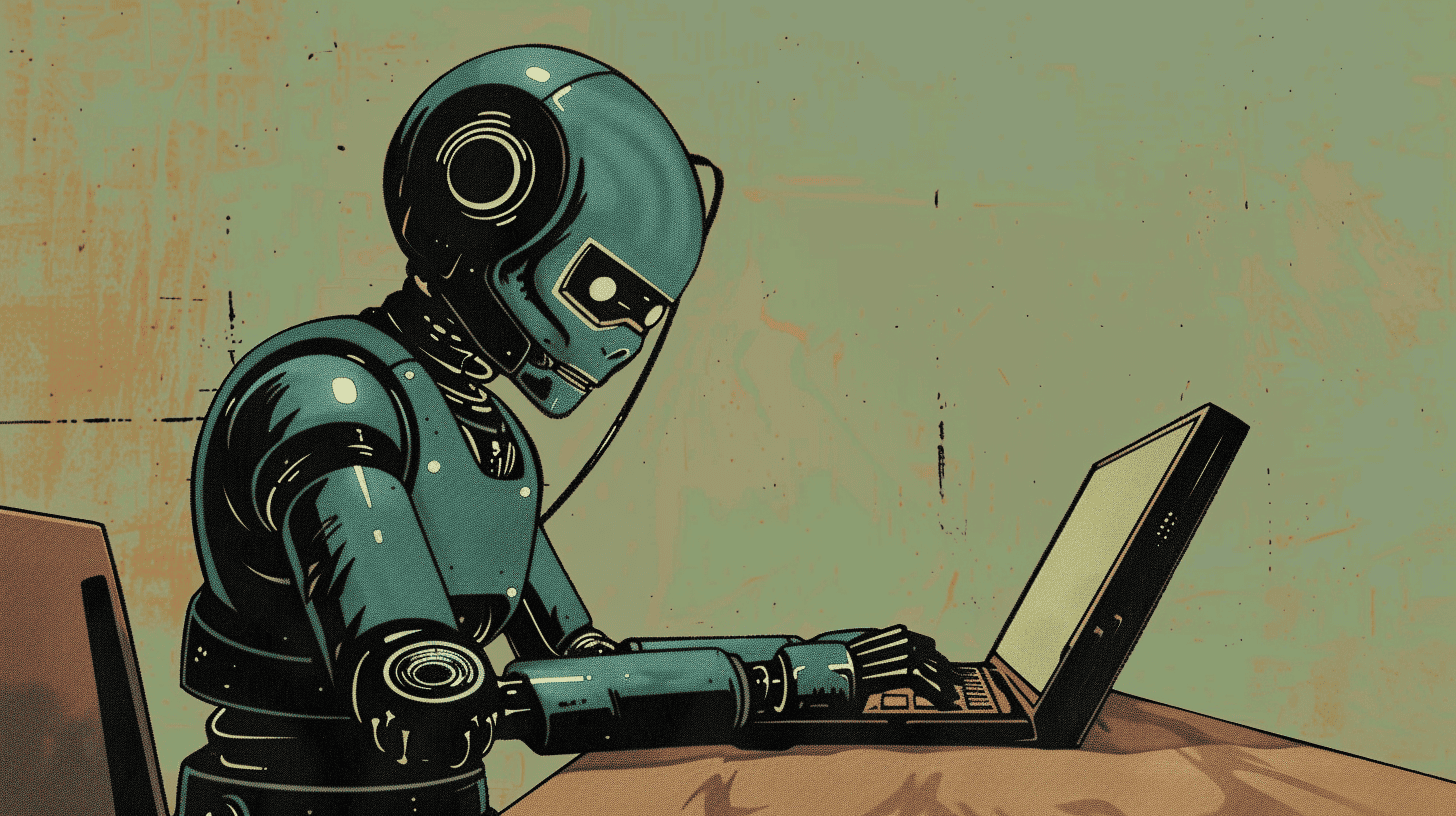 A robot writing a blog post, generated with Midjourney