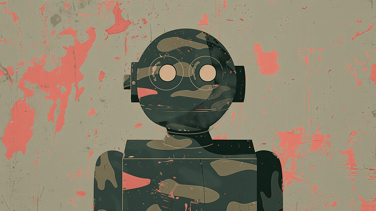A robot in camouflage, generated with Midjourney