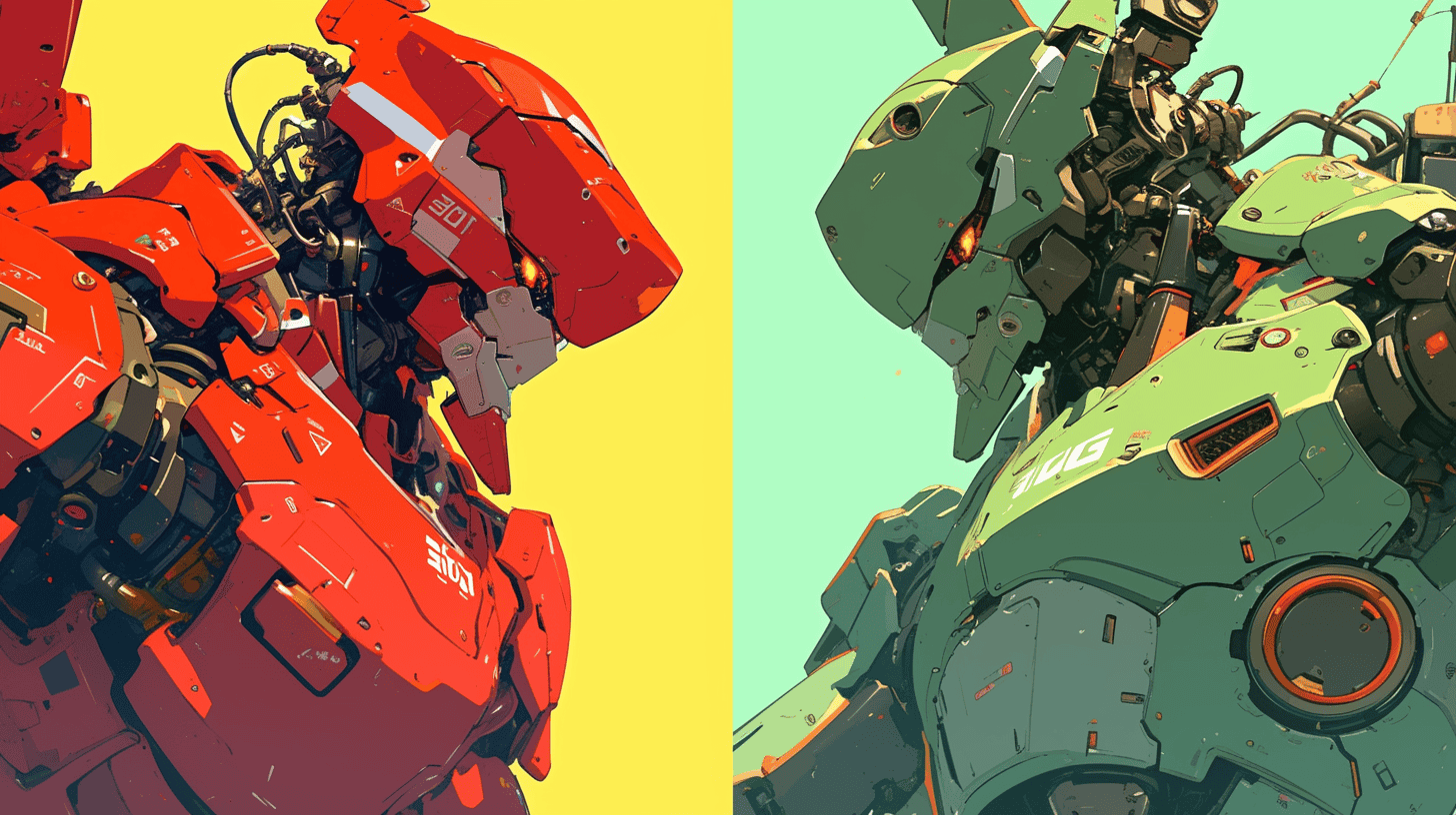 A red robot (symbolizing Adobe Firefly) against a green robot (symbolizing DALL-E 3), generated with Midjourney