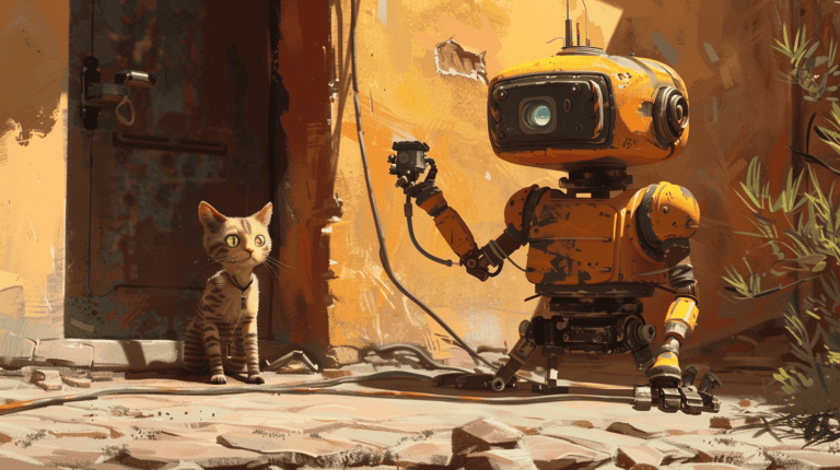 A robot filming a cat, generated with Midjourney