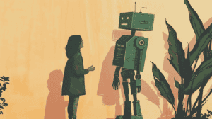 A human talking to an OpenAI robot visualized, generated with Midjourney