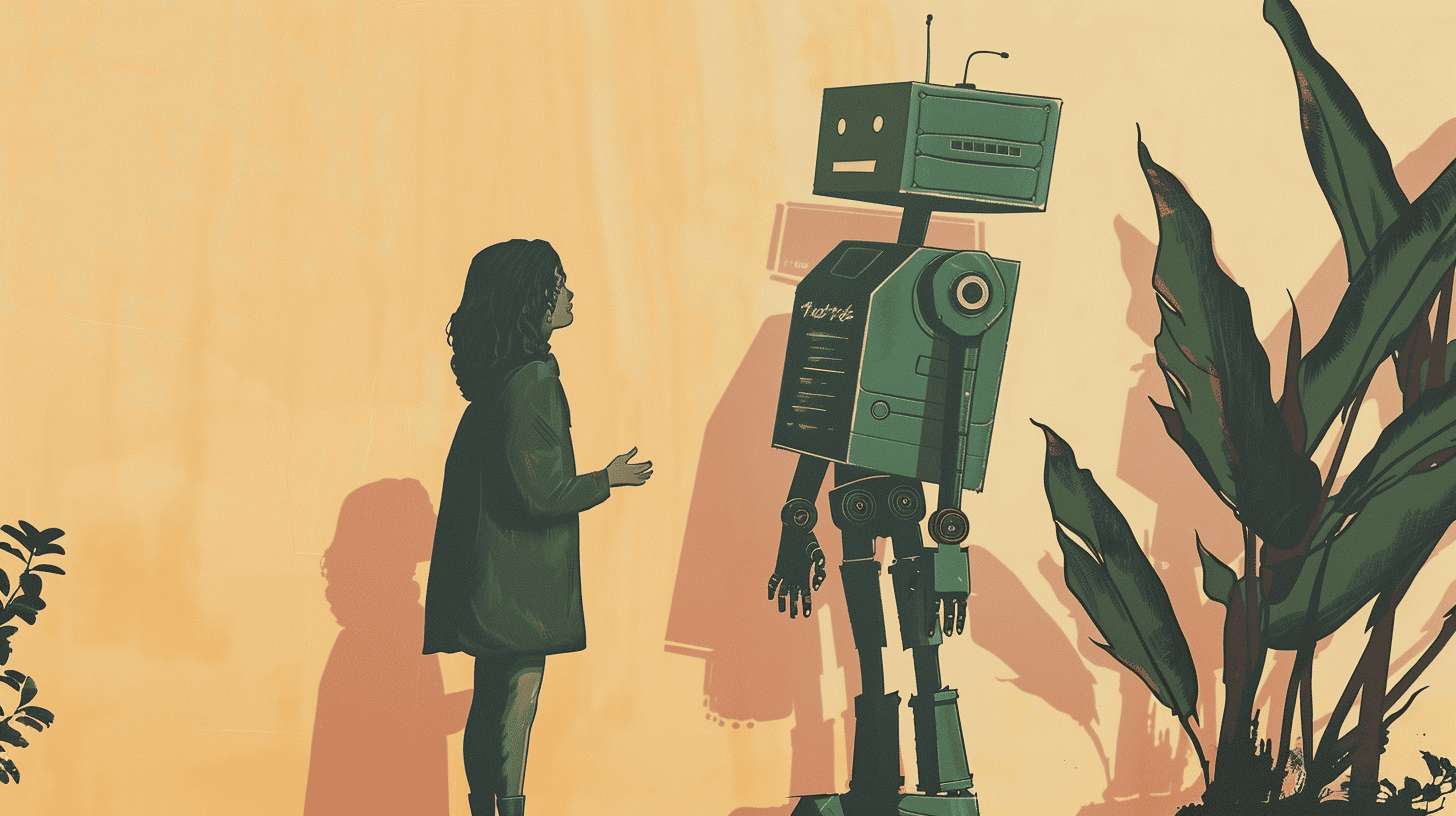 A human talking to an OpenAI robot visualized, generated with Midjourney