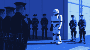 A robot being apprehended, generated with Midjourney