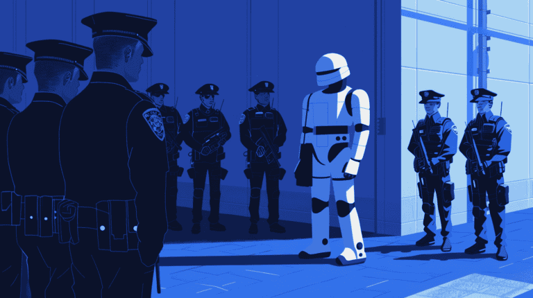 A robot being apprehended, generated with Midjourney