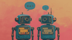 Two robot paraphrasing tools visualized, generated with Midjourney