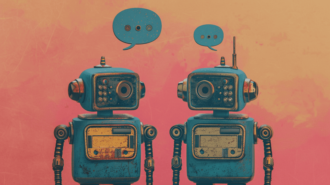 Two robot paraphrasing tools visualized, generated with Midjourney