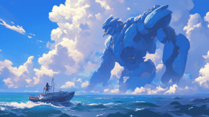 A single ship mid-journey clashes with a blue AI, generated with Midjourney Niji