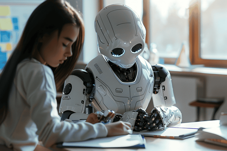 A robot tutoring a girl, made with Midjourney