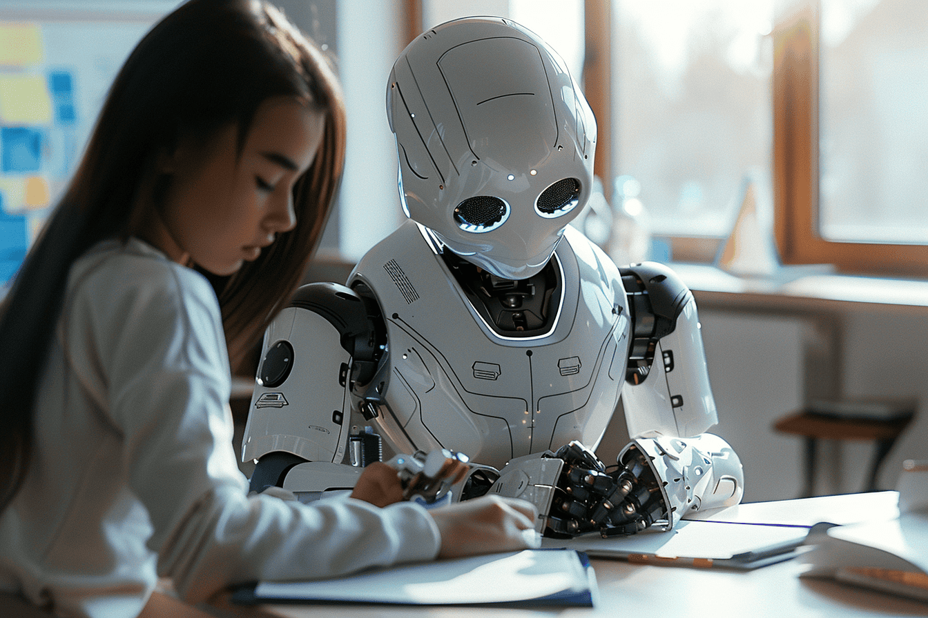 A robot tutoring a girl, made with Midjourney