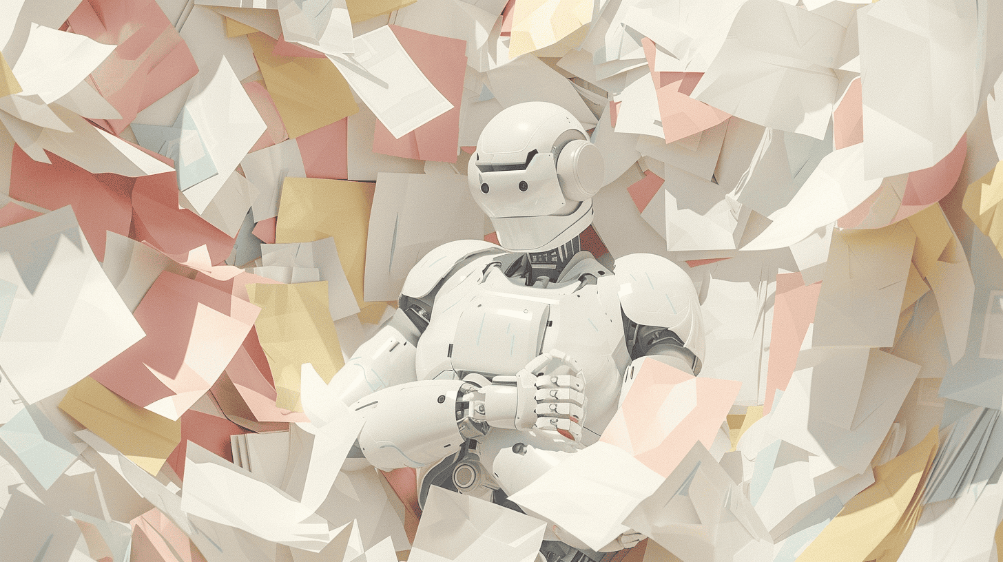 An artificial intelligence drowning in documents, generated with Midjourney
