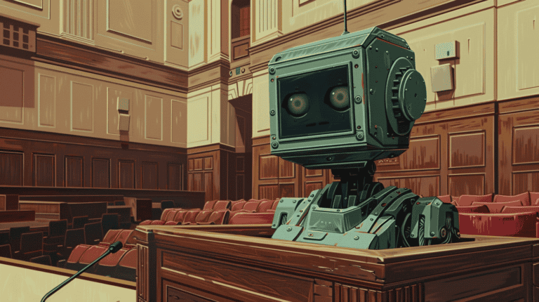 A robot in a courtroom, generated with Midjourney