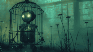 A caged AI, generated with Midjourney