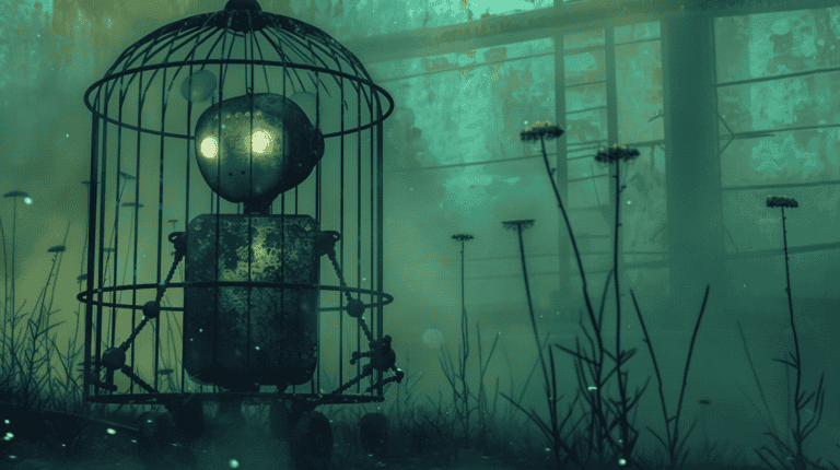 A caged AI, generated with Midjourney
