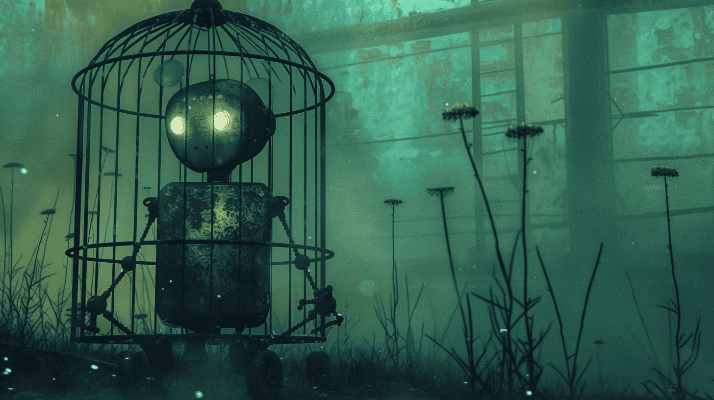 A caged AI, generated with Midjourney