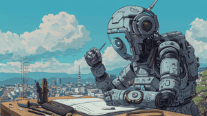 A robot learning how to write like a person, generated with Midjourney