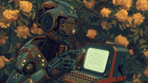 A robot who doesn’t know how to use a typewriter, generated with Midjourney