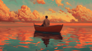 A man patiently waiting in an old boat, generated with Midjourney